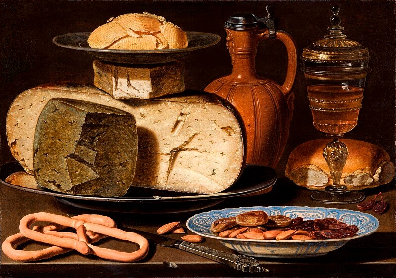 Clara Peeters, Natura morta con formaggi, mandorle e pretzel (c. 1615)