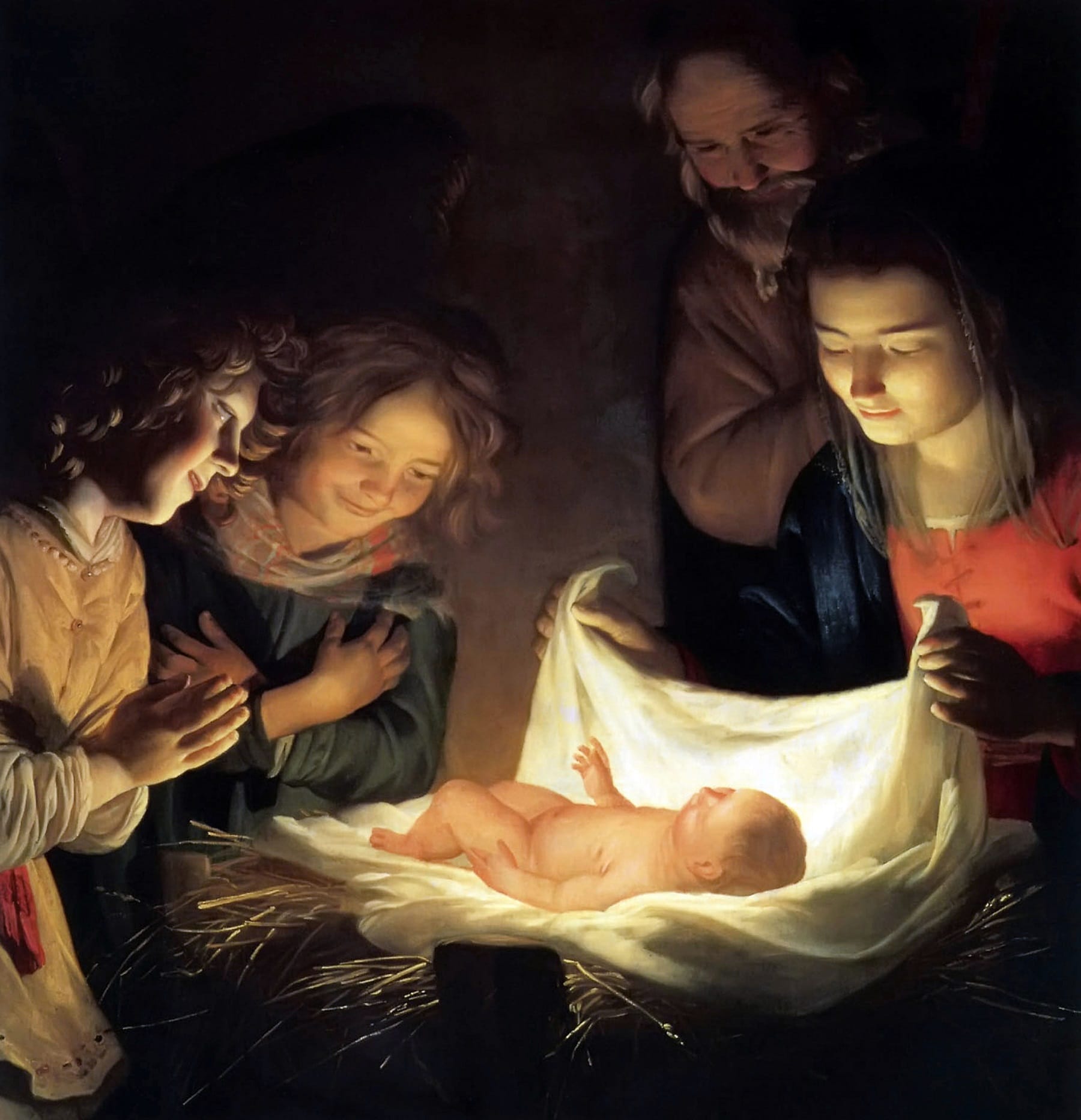 Gerard van Honthorst, L'Adorazione del Bambino, dettaglio, 1619-'20, olio su tela, 95,5×131cm., Galleria degli Uffizi, Firenze