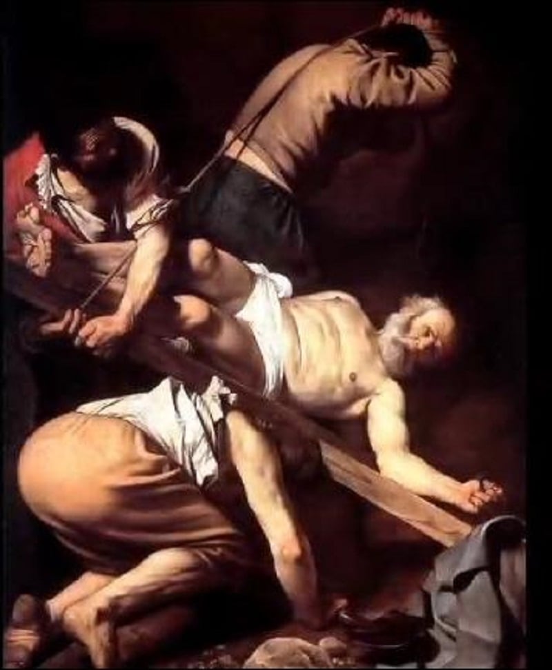 Caravaggio, La Crocifissione di san Pietro, 1600-'01, olio su tela, 230x175cm., Cappella Cerasi, Santa Maria del Popolo, Roma