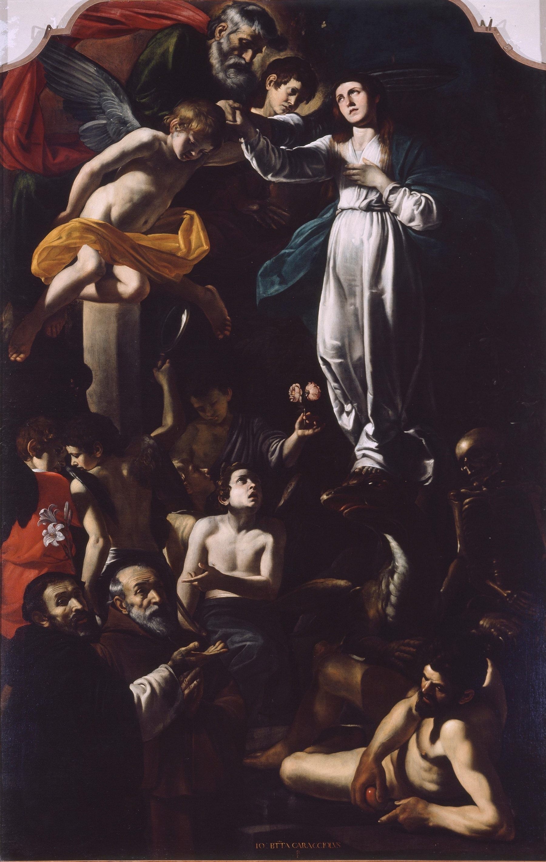 Battistello Caracciolo, L'Immacolata Concezione con san Domenico e san Francesco di Paola, 1607-'08, olio su tela, 334×209cm., Santa Maria della Stella, Napoli