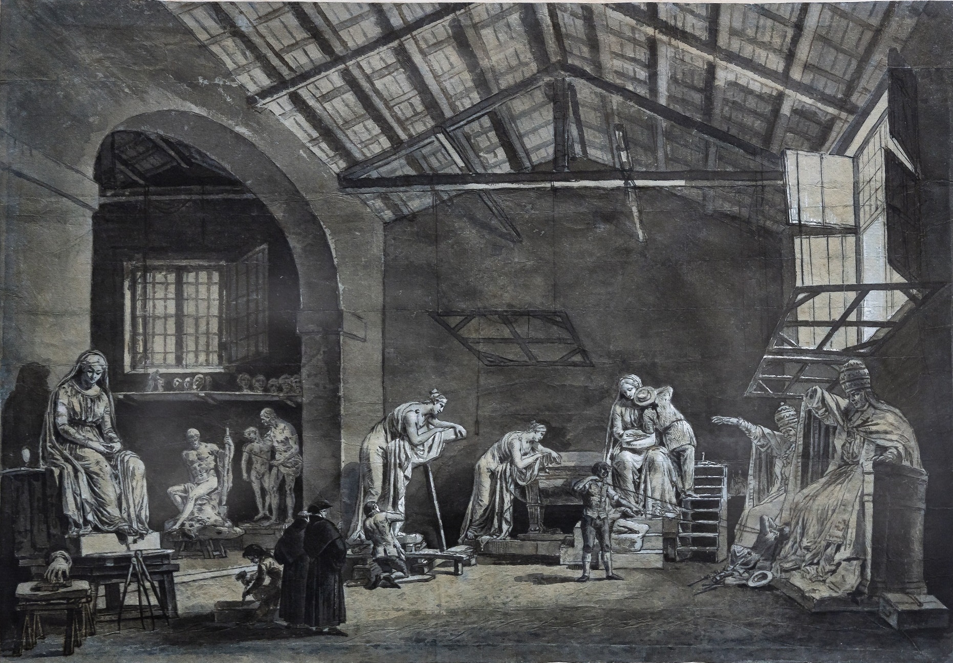 Lo studio di Antonio Canova a Roma, Francesco Chiarottini (1748 - 1796), 1785 ca., disegno a penna, inchiostro grigio e bruno, acquarello grigio e bruno, carta azzurra, Musei Civici, Udine