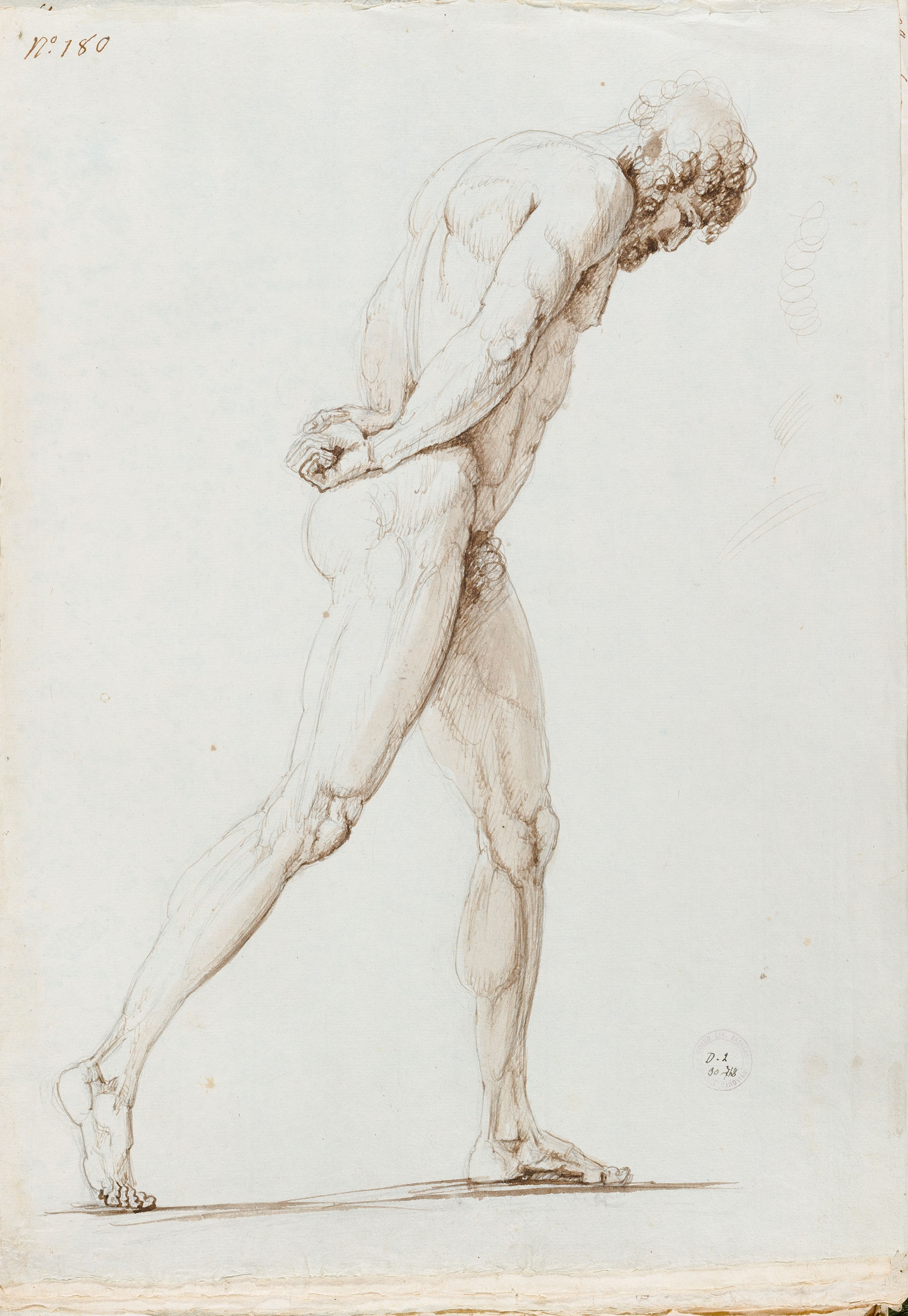 Antonio Canova, Nudo virile di profilo che cammina, 1794, Matita, penna, acquerello bruno, acquerello bruno su carta, 467x335 mm., Bassano del Grappa, Museo Civico, Gabinetto Disegni e Stampe