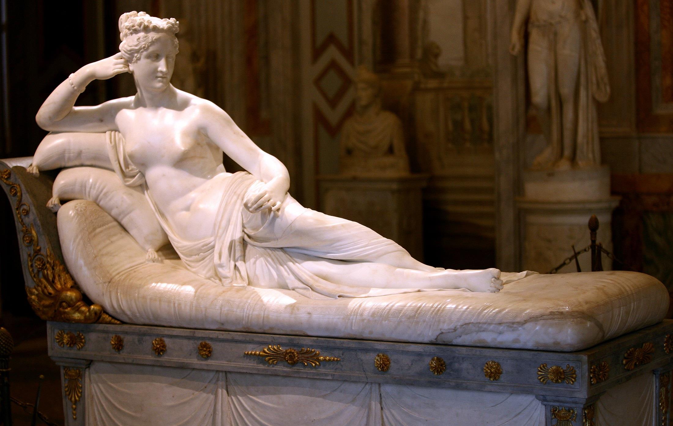 Antonio Canova, Paolina Borghese come Venere vincitrice, 1805 – ’08, marmo, 92cm. (160 con il letto) x 200cm., Galleria Borghese, Roma