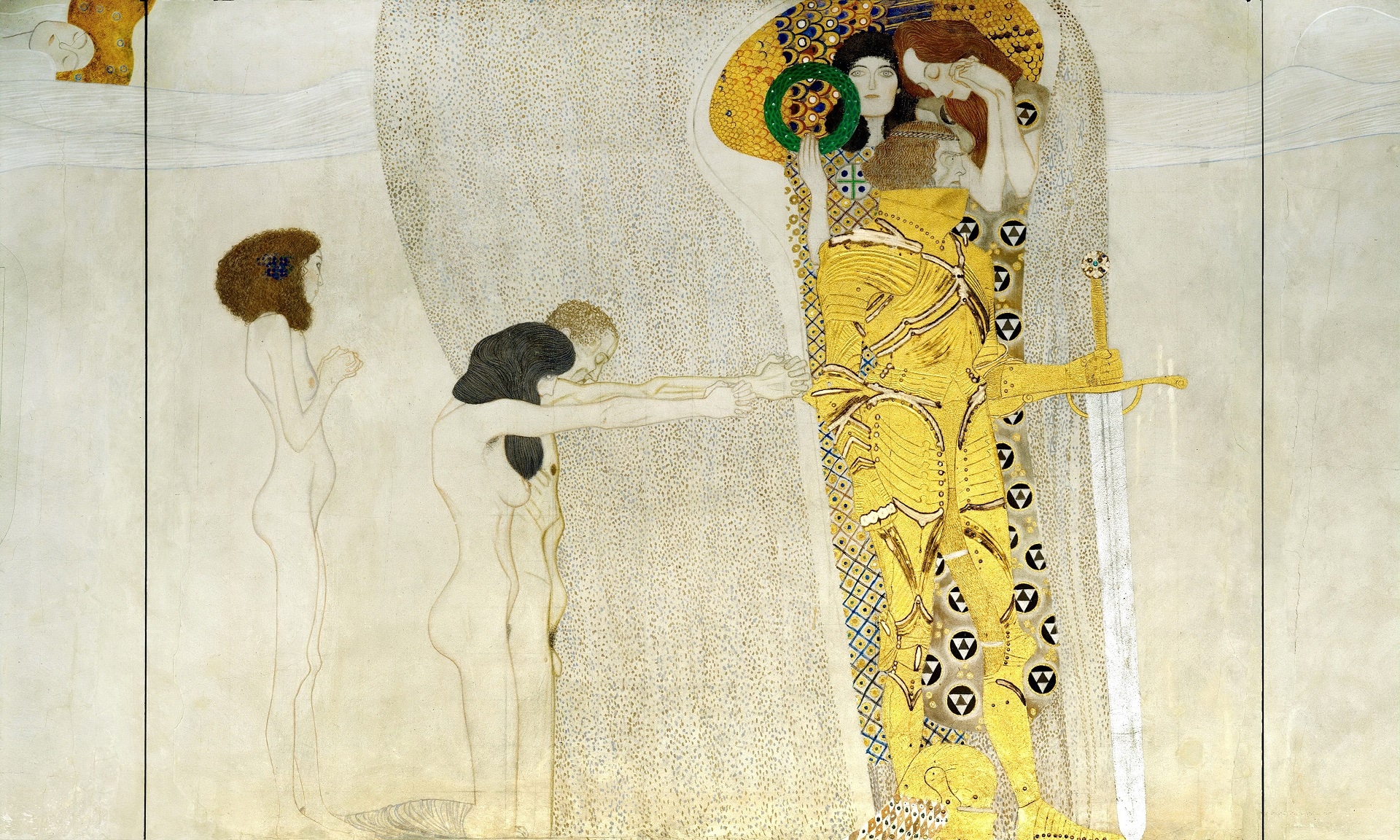 Dettaglio Fregio di Beethoven, Cavaliere in armatura splendente nell’Anelito alla Felicità, Gustav Klimt, 1902, Palazzo della Secessione, Vienna, Austria