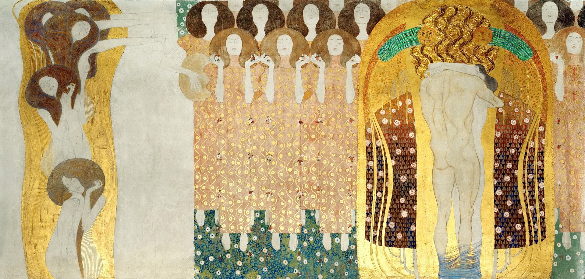 Dettaglio Fregio di Beethoven, L’Inno alla Gioia, l’abbraccio tra il Cavaliere e la Poesia, Gustav Klimt, 1902, Palazzo della Secessione, Vienna, Austria