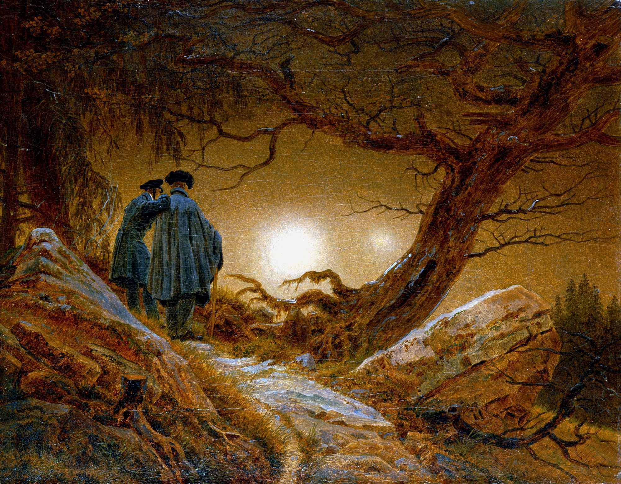 Caspar David Friedrich, Due uomini in riva al mare al sorgere della luna, 1819, olio su tela, 35×44cm., Gemäldegalerie, Dresda