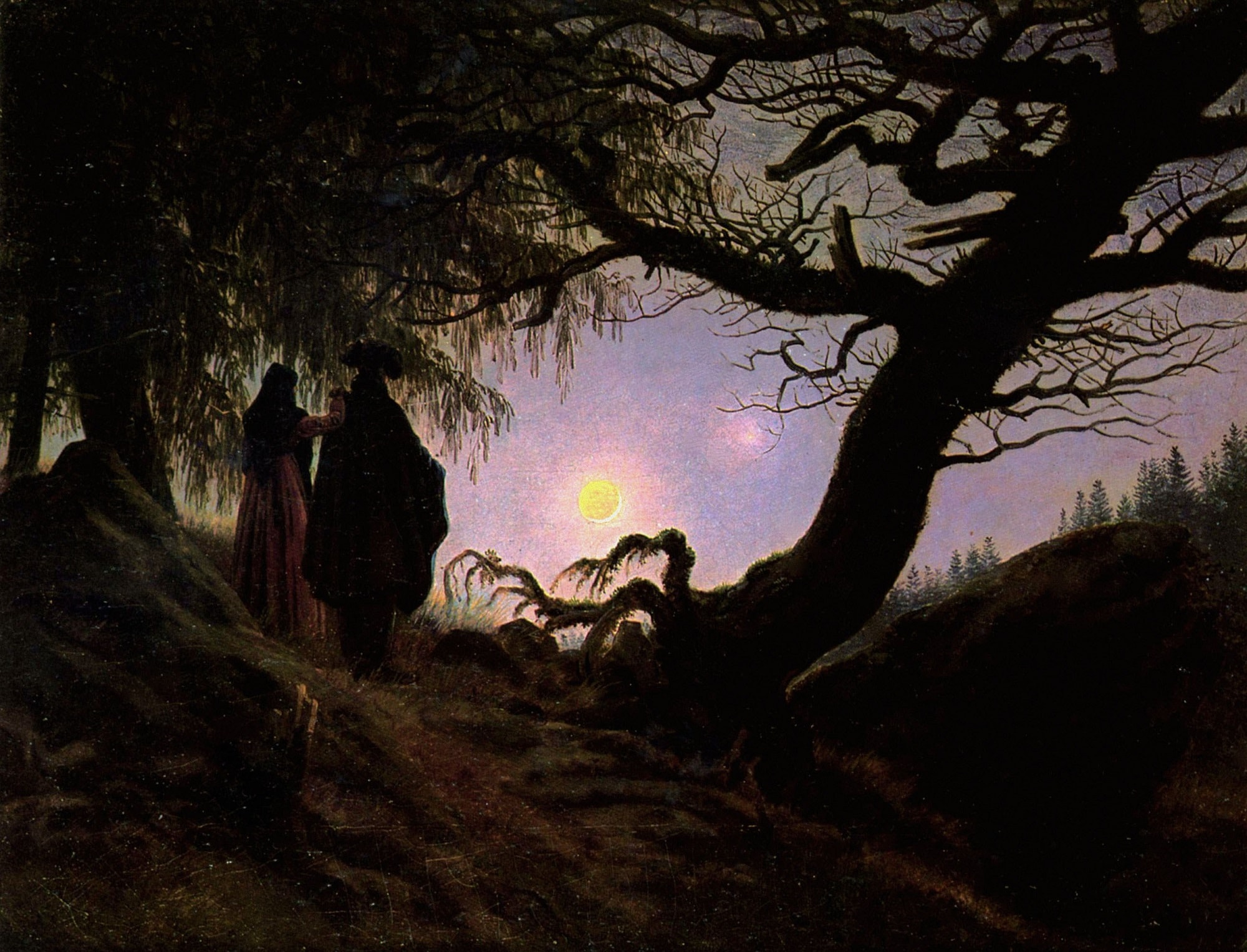 Caspar David Friedrich, Un uomo e una donna davanti alla luna, 1819, olio su tela, 34 44cm., Alte Nationalgalerie, Berlino