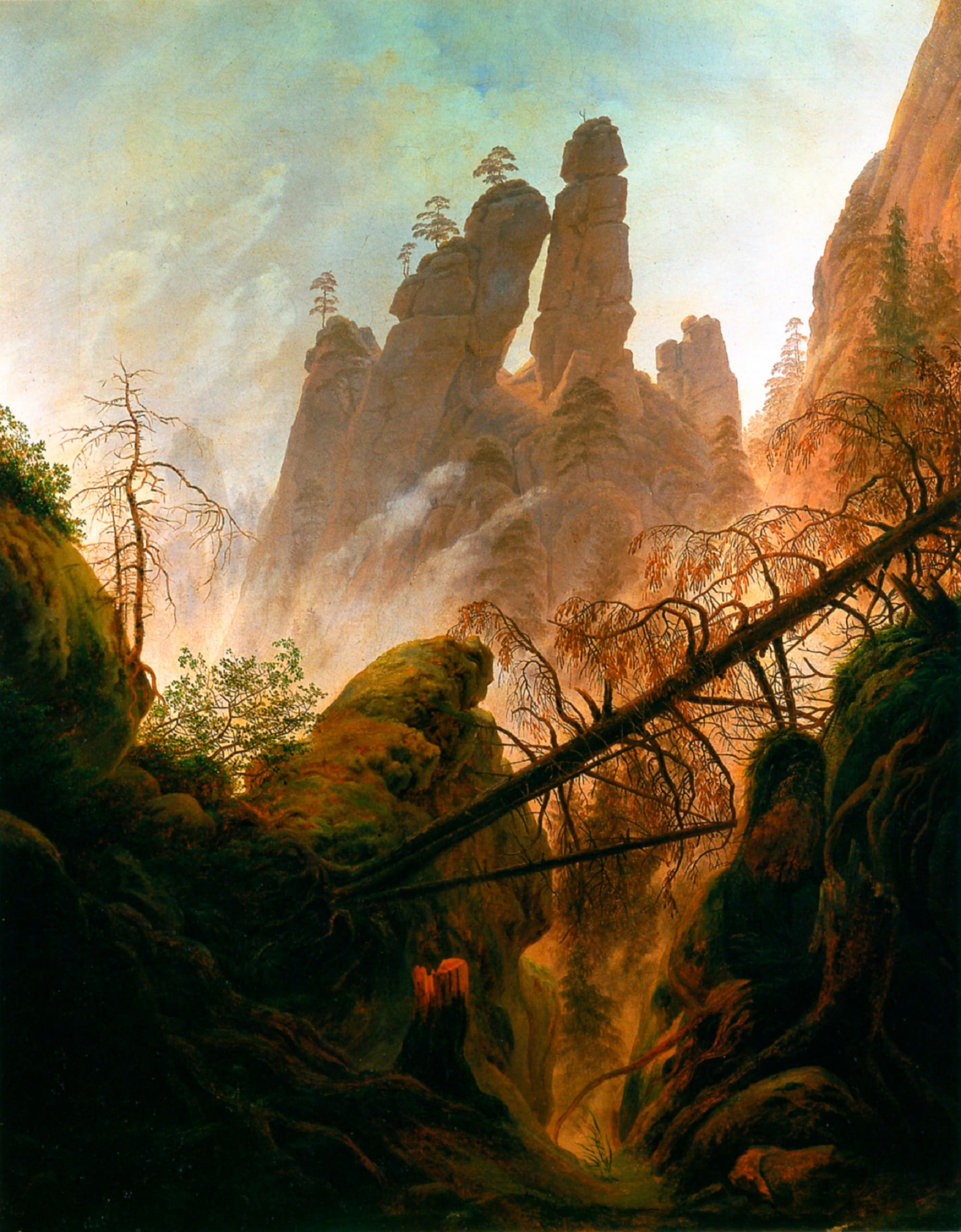 Caspar David Friedrich, Burrone roccioso nelle montagne dell’Elbsandsteingebirge, 1822-1823, olio su tela, 94x74 cm., Galerie autrichienne Belvedédère, Vienna