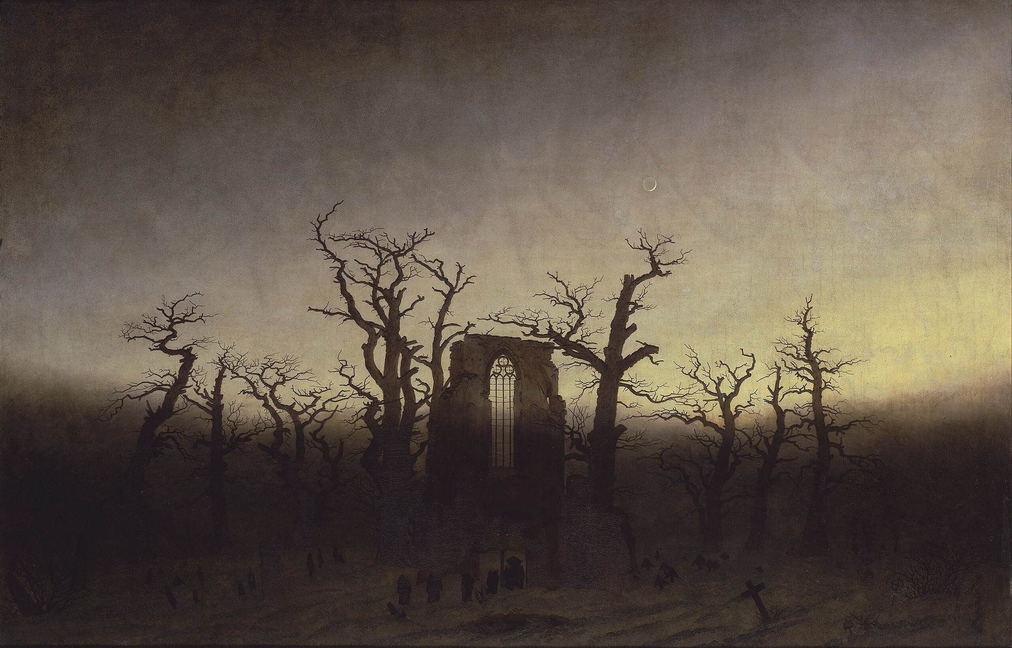 Caspar David Friedrich, Abbazia nel querceto, 1809–1810, olio su tela, 110,4×171cm., Schloss Charlottenburg, Berlino