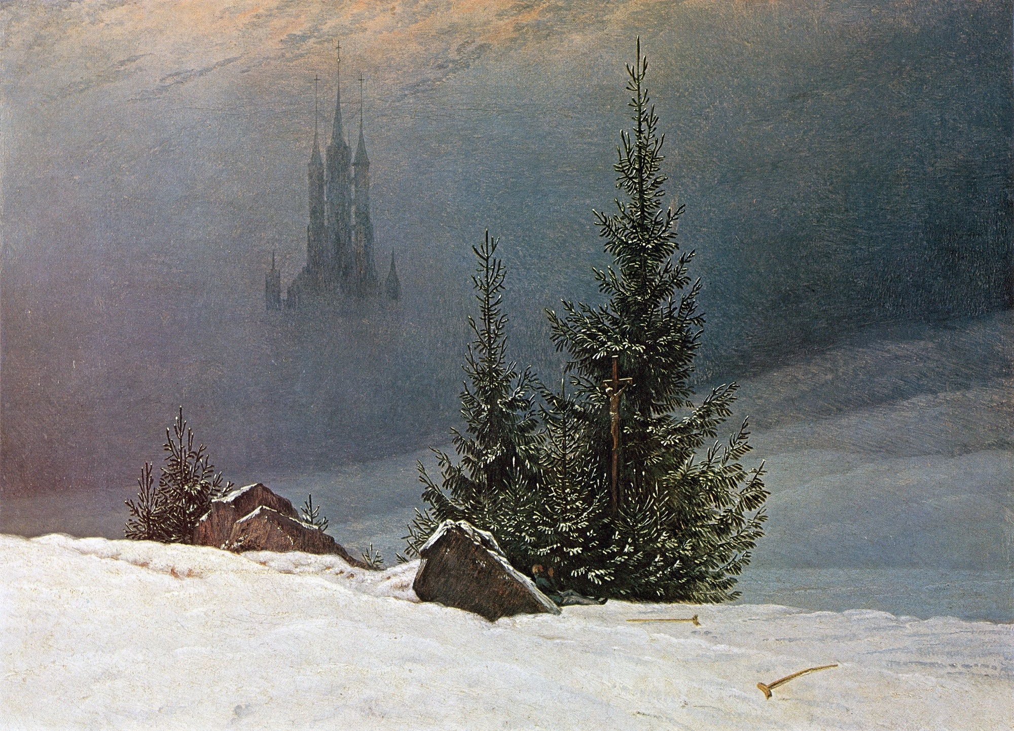 Caspar David Friedrich, Paesaggio invernale con chiesa, 1811, olio su tela, 45x32,5cm., Museum fur Kunst und Kulturgeschichte, Dortmund