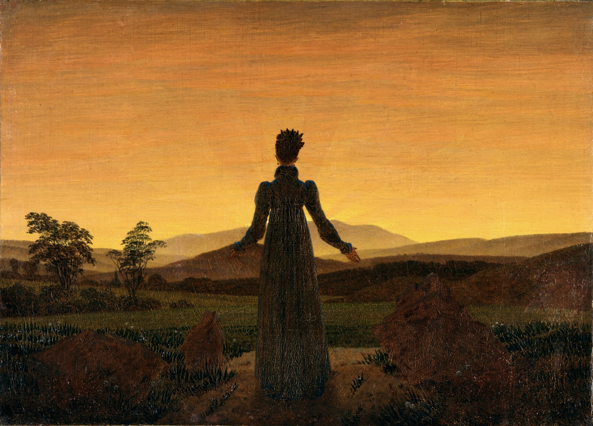 Caspar David Friedrich, Donna al tramonto del sole, 1818, olio su tela, 30×22cm., Museum Folkwang, Essen 