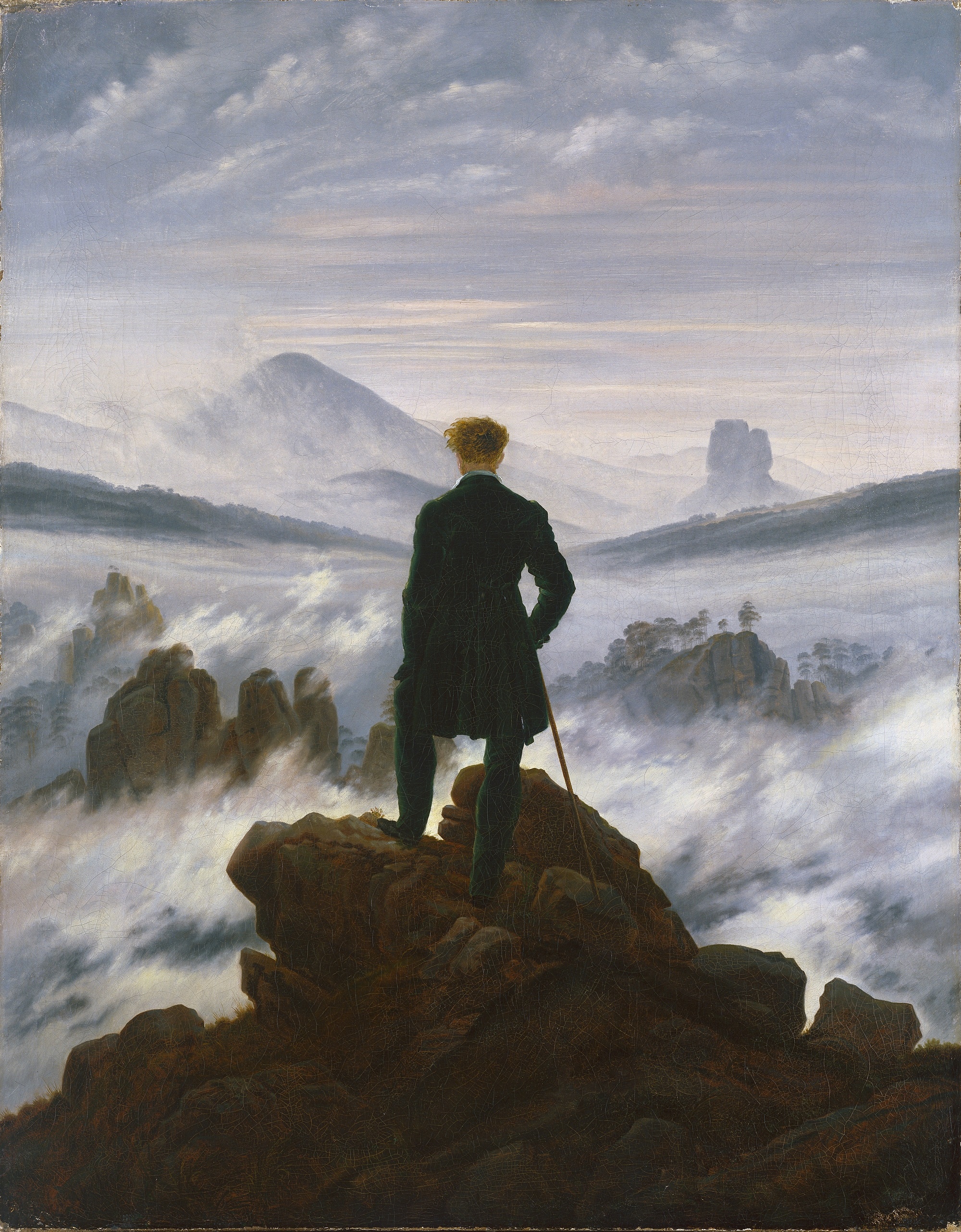 Caspar David Friedrich, Viandante sul mare di nebbia, 1818, olio su tela, 98,4×74,8cm., Kunsthalle, Amburgo