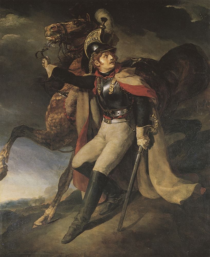 Théodore Géricault, Corazziere ferito che abbandona il campo di battaglia, 1814, olio su tela, 358×294cm., Museo del Louvre, Parigi 