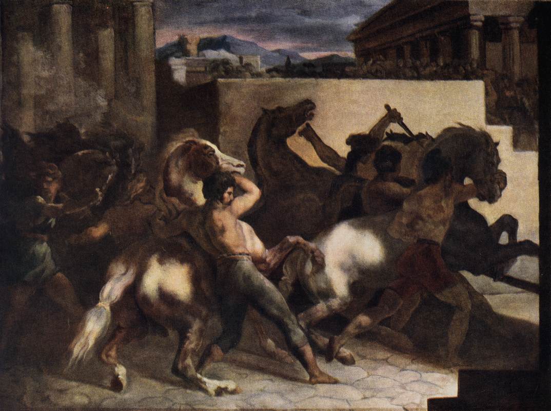 Théodore Géricault, La corsa dei Bárberi a Roma, 1817, olio su carta applicata su tela, 60×45cm., Museo del Louvre, Parigi