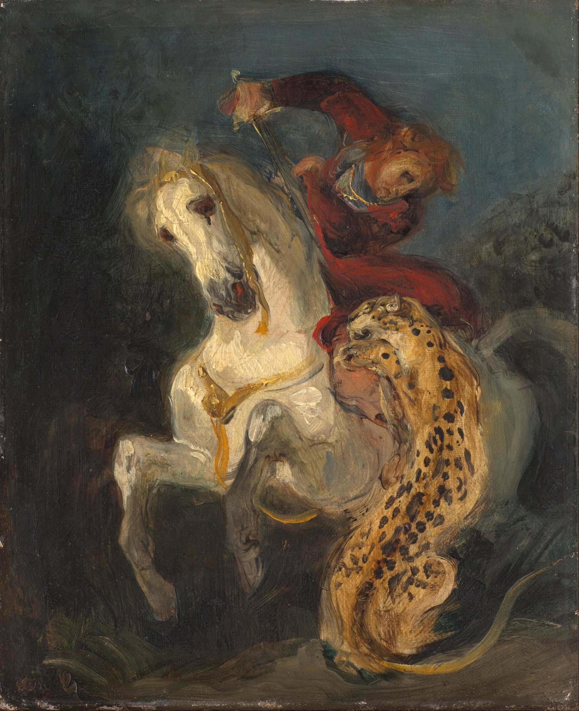Eugene Delacroix, Giaguaro che attacca un cavaliere, 1855, olio su tela, 23,5x28,5cm., Galleria Nazionale, Praga