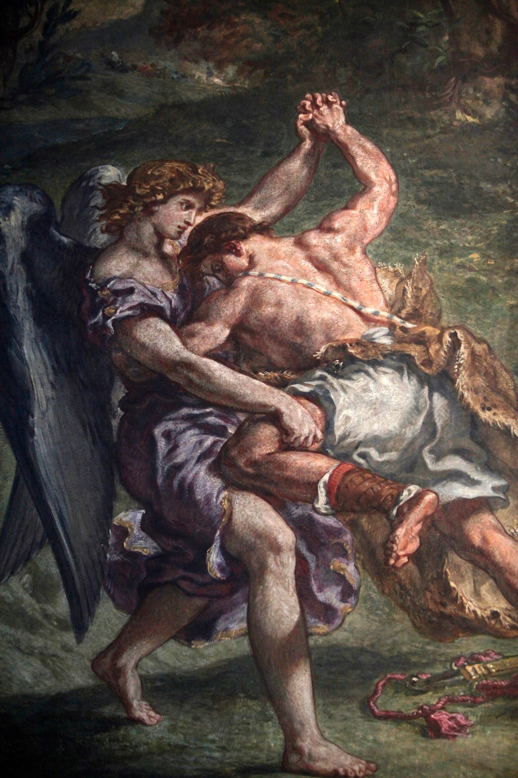 Eugène Delacroix, La lotta di Giacobbe con l'angelo, 1861, colori ad olio e cera su intonaco, 4,85x7,51m., Cappella degli Angeli, Chiesa di Saint-Sulpice, Parigi