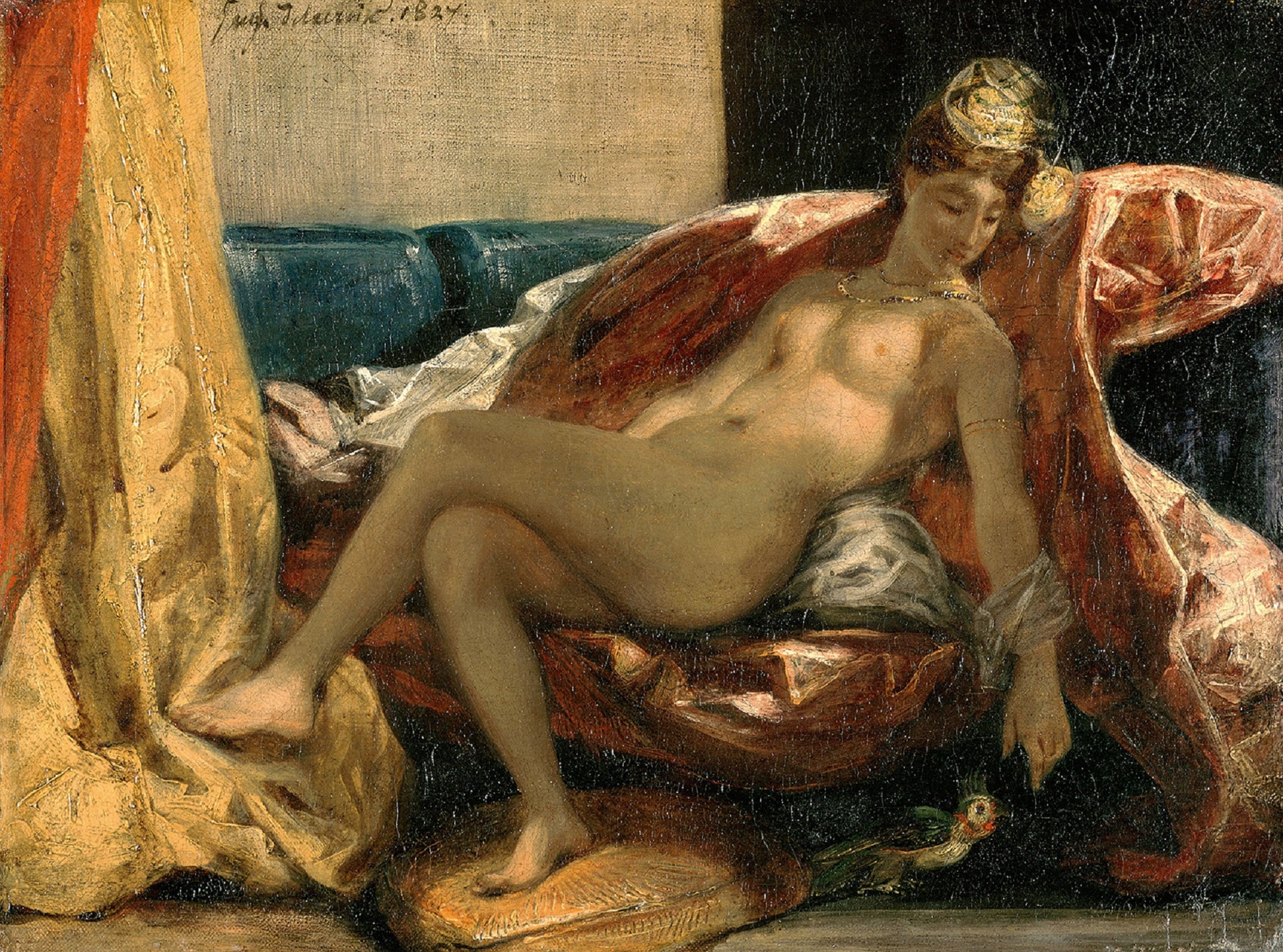 Eugène Delacroix, Odalisca sdraiata o Donna che accarezza un pappagallo, 1827, olio su tela, 24x32cm., Musée des Beaux-Arts, Lione