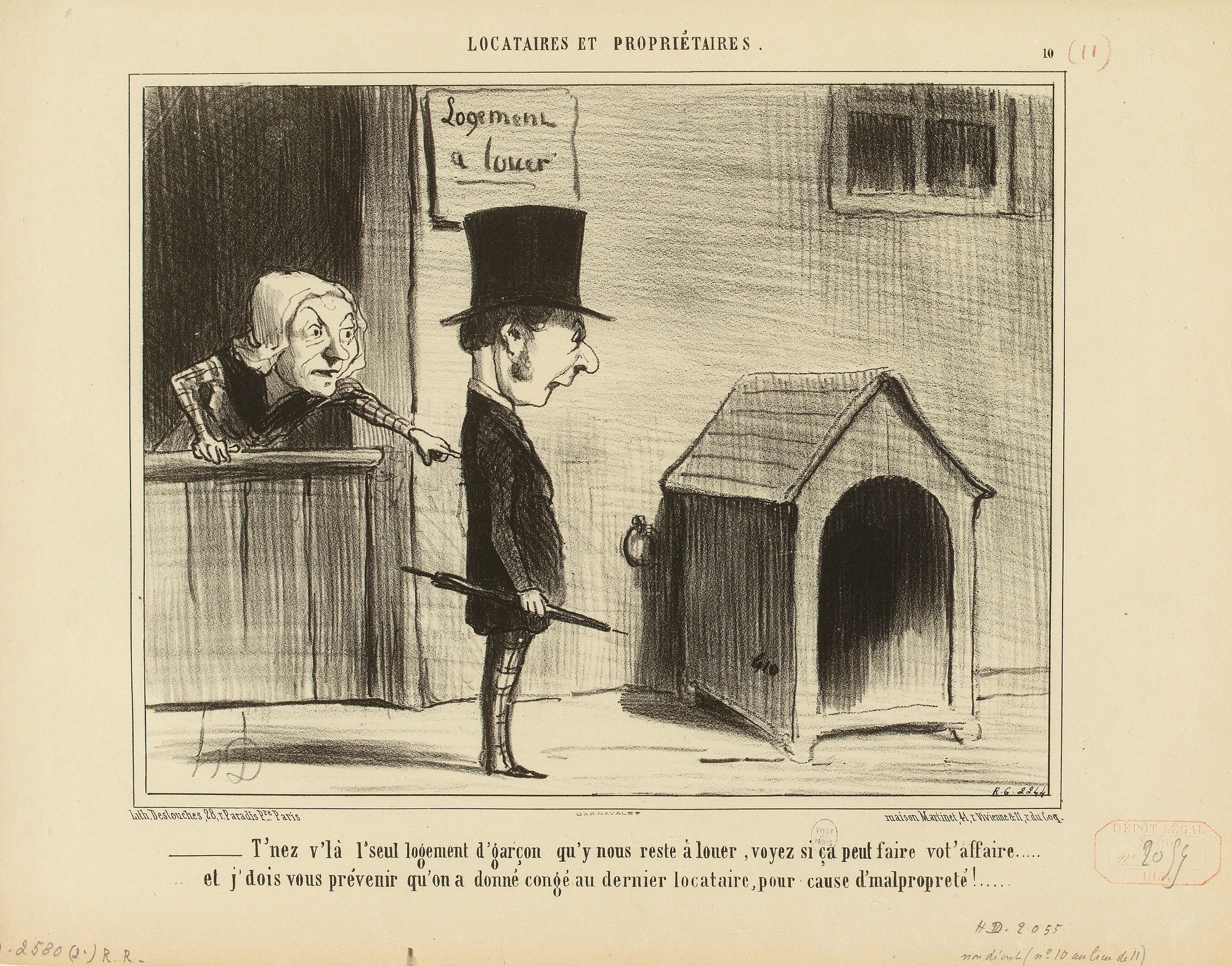 Honoré Daumier, Ecco, guardi... questo è l'unico alloggio per scapoli che ci resta da affittare, veda se può fare al caso suo... e devo avvertirla che abbiamo dato lo sfratto all'ultimo inquilino per via della sporcizia!, 1852-55, serie Inquilini e Proprietari, litografia