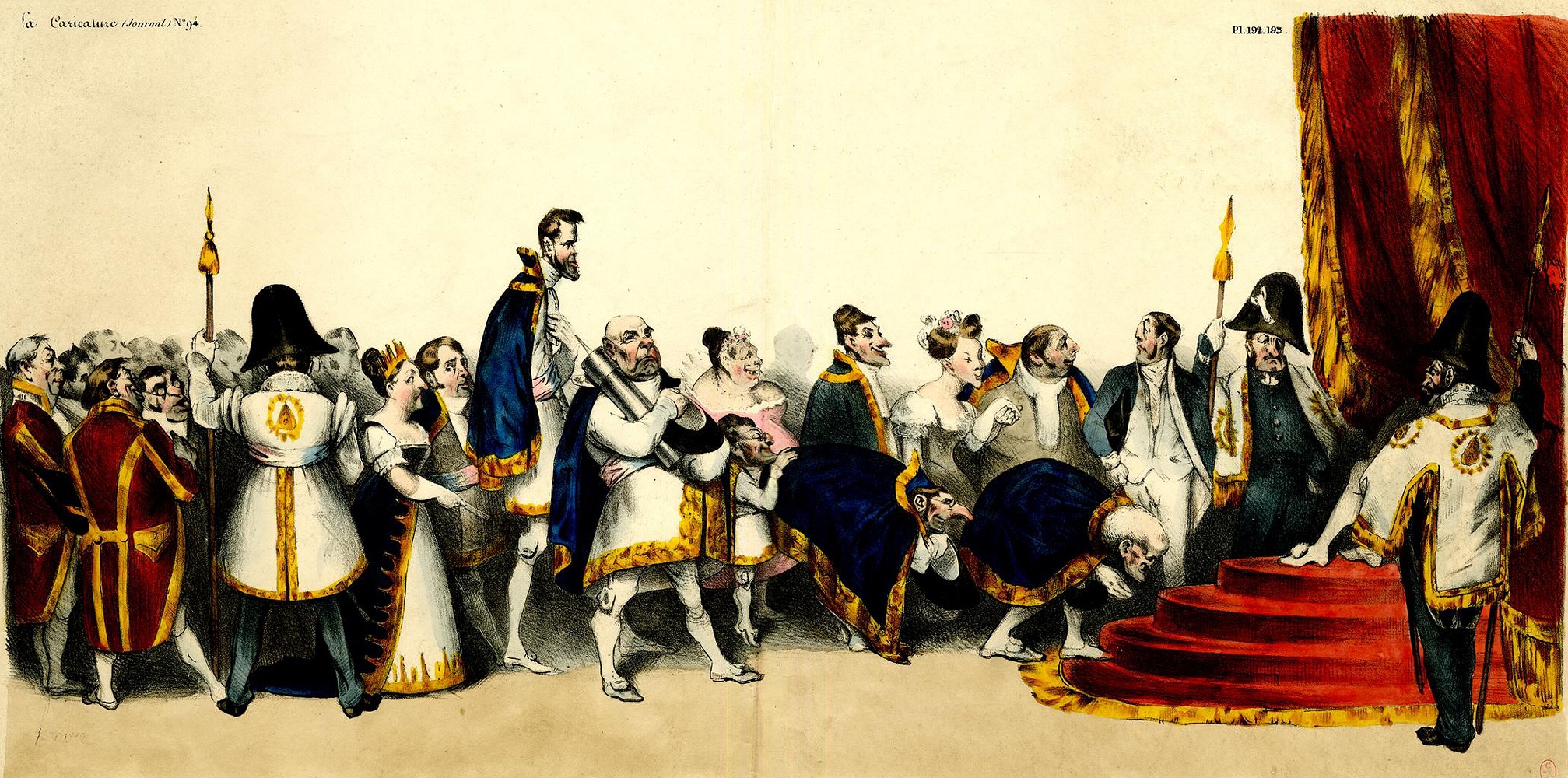 Honoré Daumier, La Cour du Roi Pétaud, 1832, litografia colorata a mano, 24,6x50cm., British Museum, Londra 
