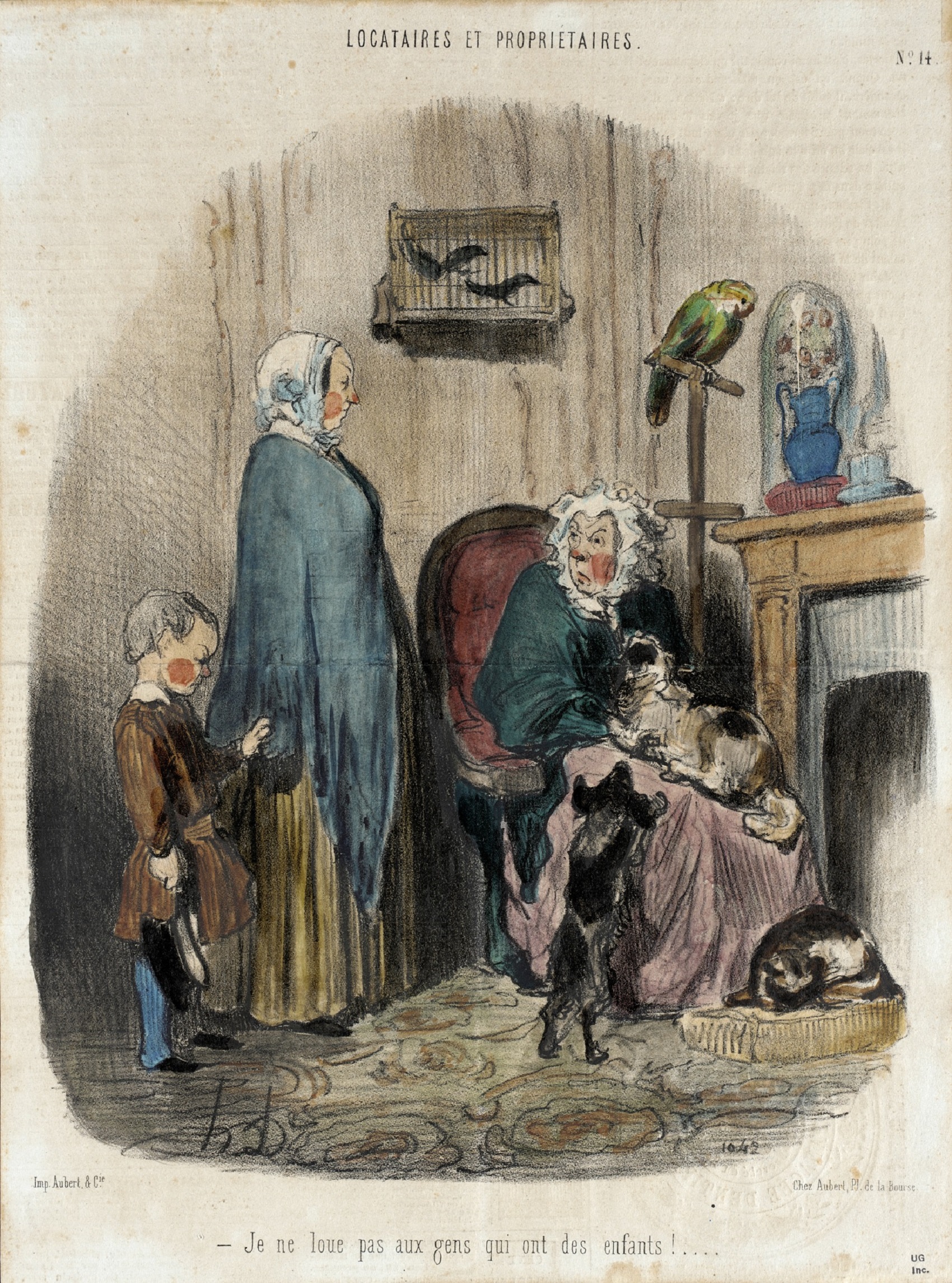 Honoré Daumier, Non affitto a persone con bambini, 1852-55, serie "Inquilini e Proprietari", litografia a colori