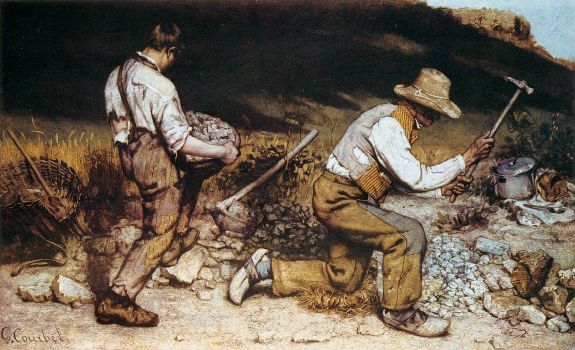 Gustave Courbet, Gli spaccapietre, 1849, olio su tela, 159x259cm., Gemäldegalerie, Dresda, distrutta durante la Seconda Guerra Mondiale